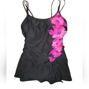 Miraclesuit Faux Tankini With Skirt Black Pink Floral 18w Vacation Cruise Beach